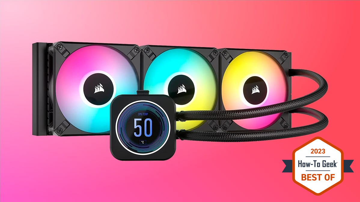 Corsair iCUE H150i RGB cooler on pink background