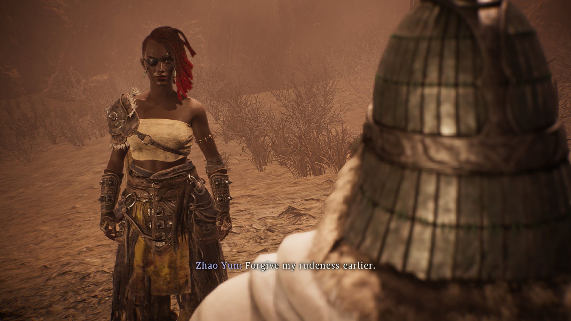 Screenshot from Wo Long: Fallen Dynasty featuring a shot of my player character a muscular Black woman with an eye patch