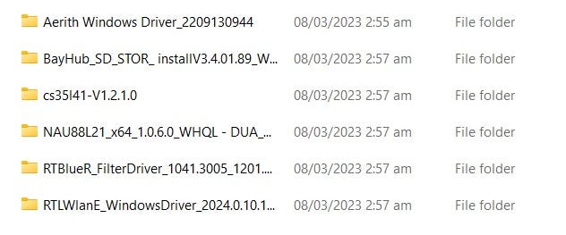 List showing six Steam Deck Windows driver folders 