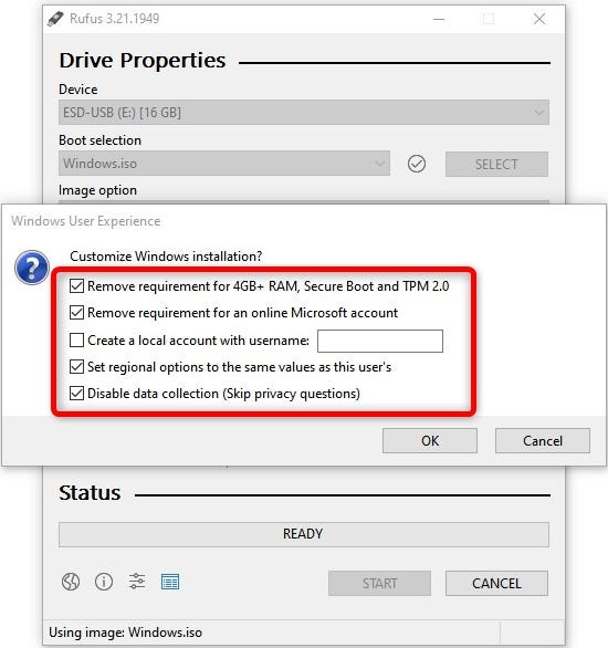 We recommend selecting the following four options regarding Windows 11 User Experience when creating a bootable USB flash drive containing Windows 11 installation