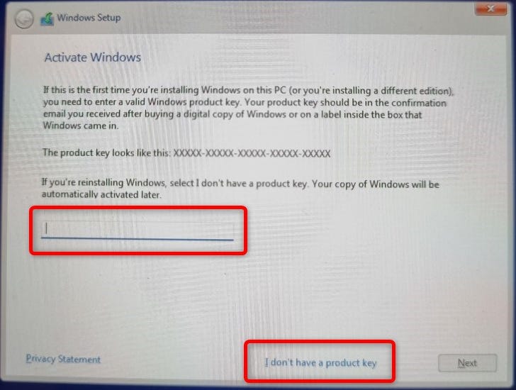 Once you arrive to the activate windows part of the setup, enter your activation key or continue without entering one