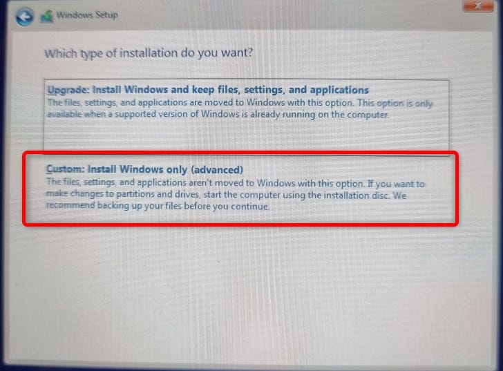 You should pick the Install Windows Only option. Do not select to Update Windows since you don't have Windows installed anyway