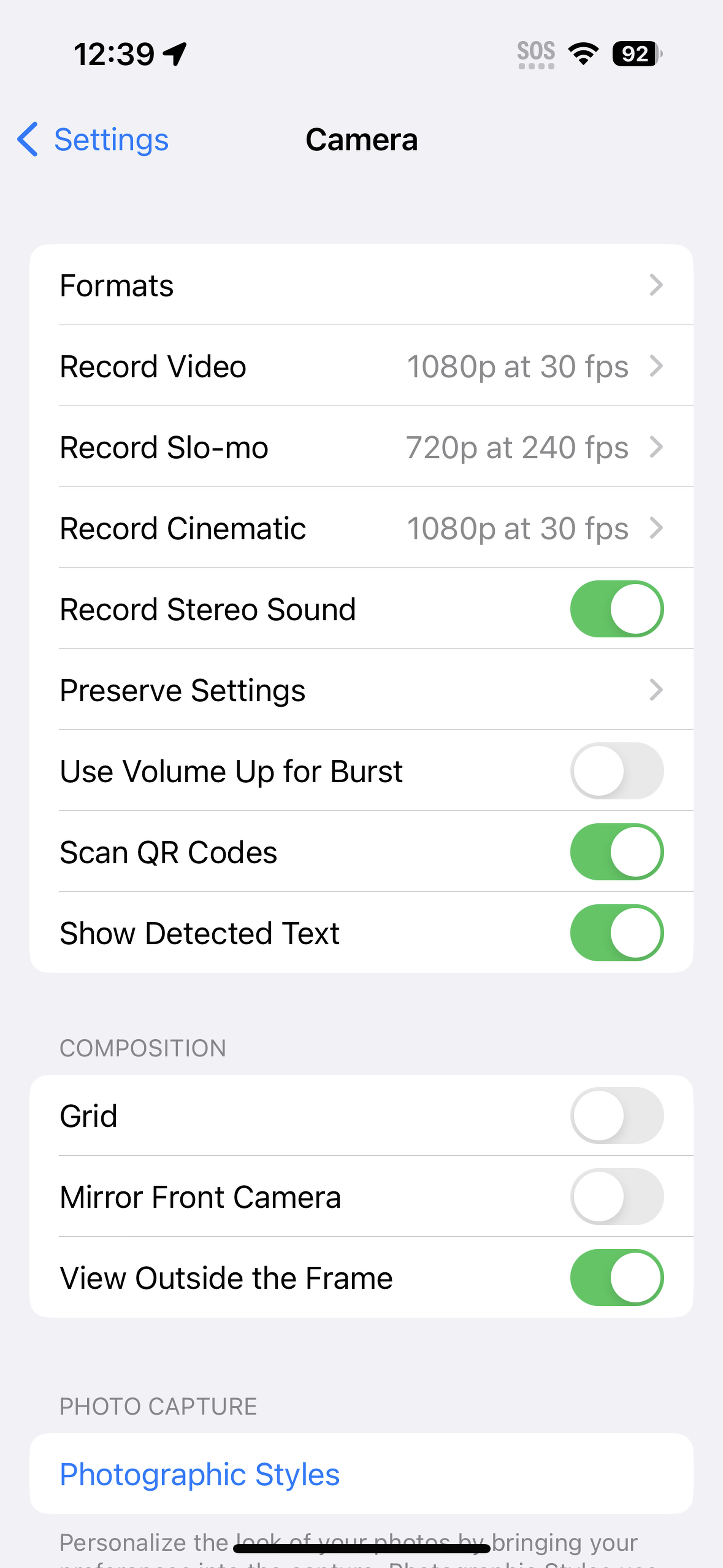 Screenshot of camera app system settings with format options on top.