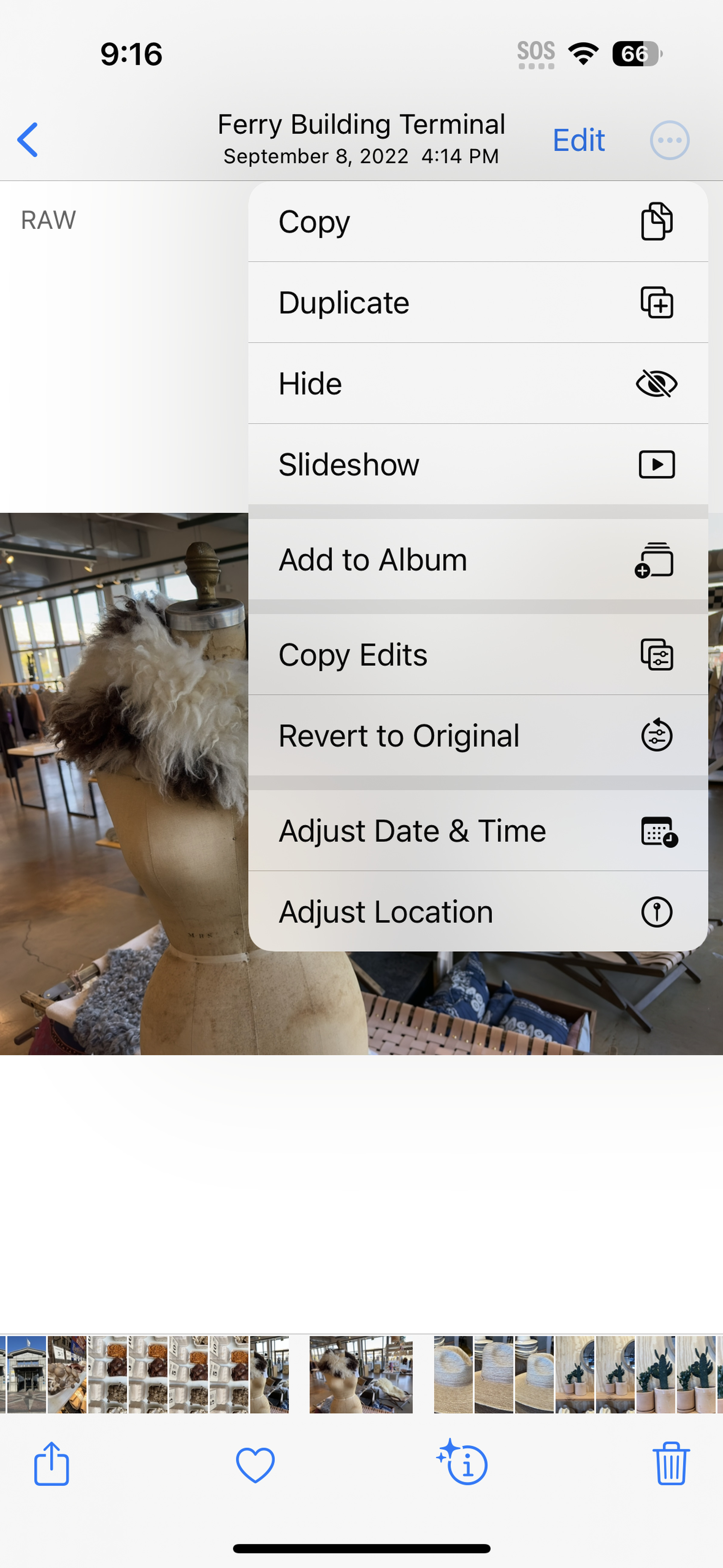 Screenshot of a menu showing options to duplicate and revert changes to photo.