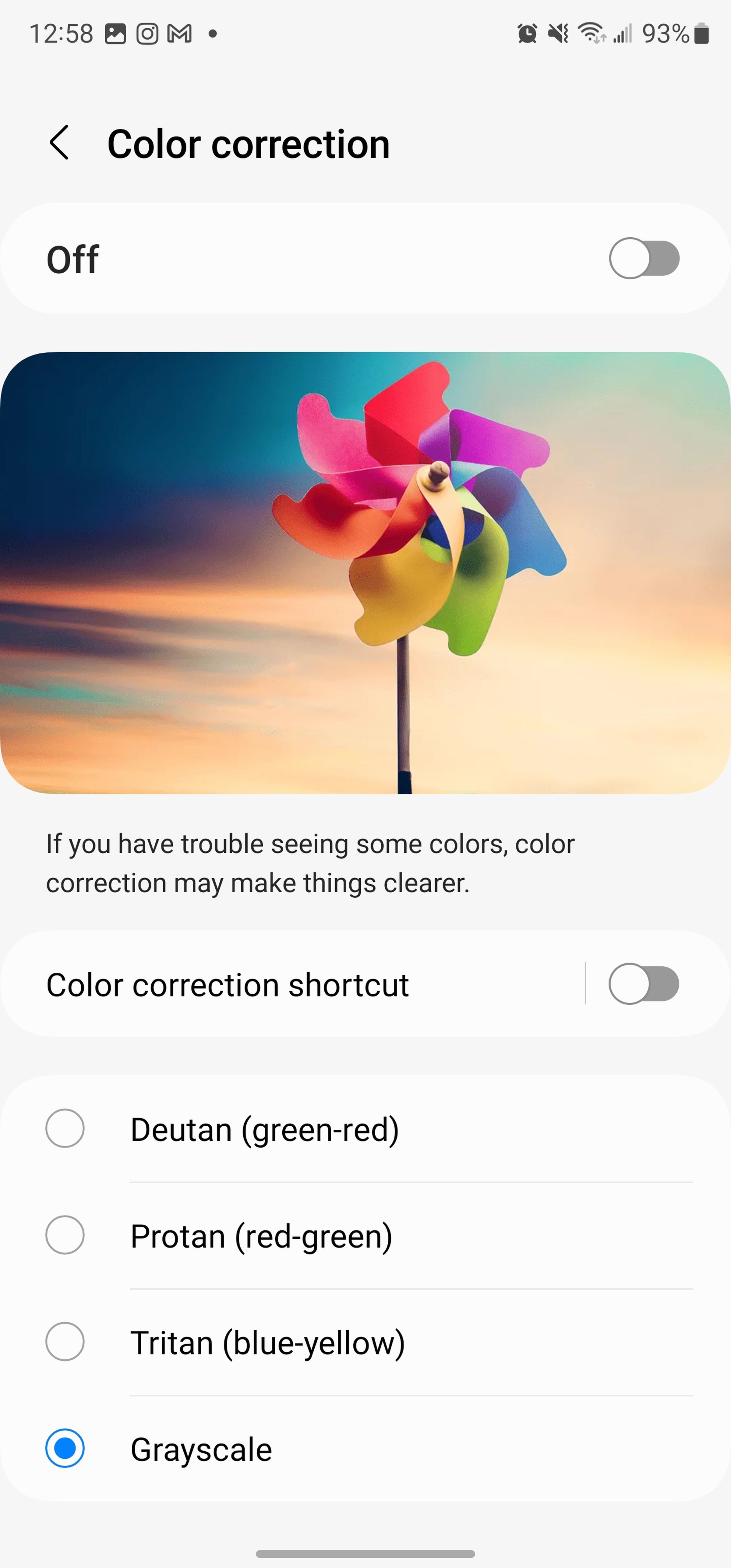 Color correction page with a picture of a colorful pinwheel and a colorful background.