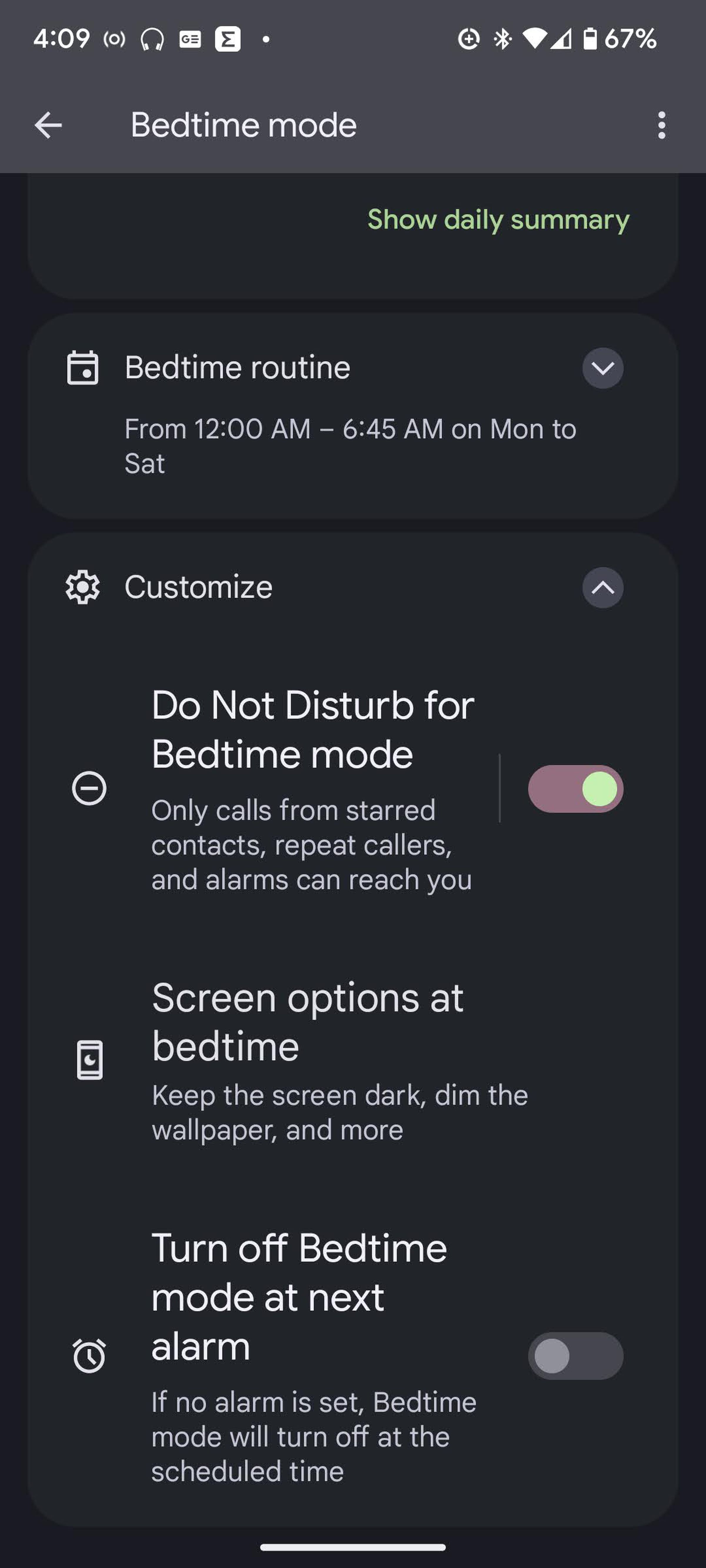 Bedtime mode menu