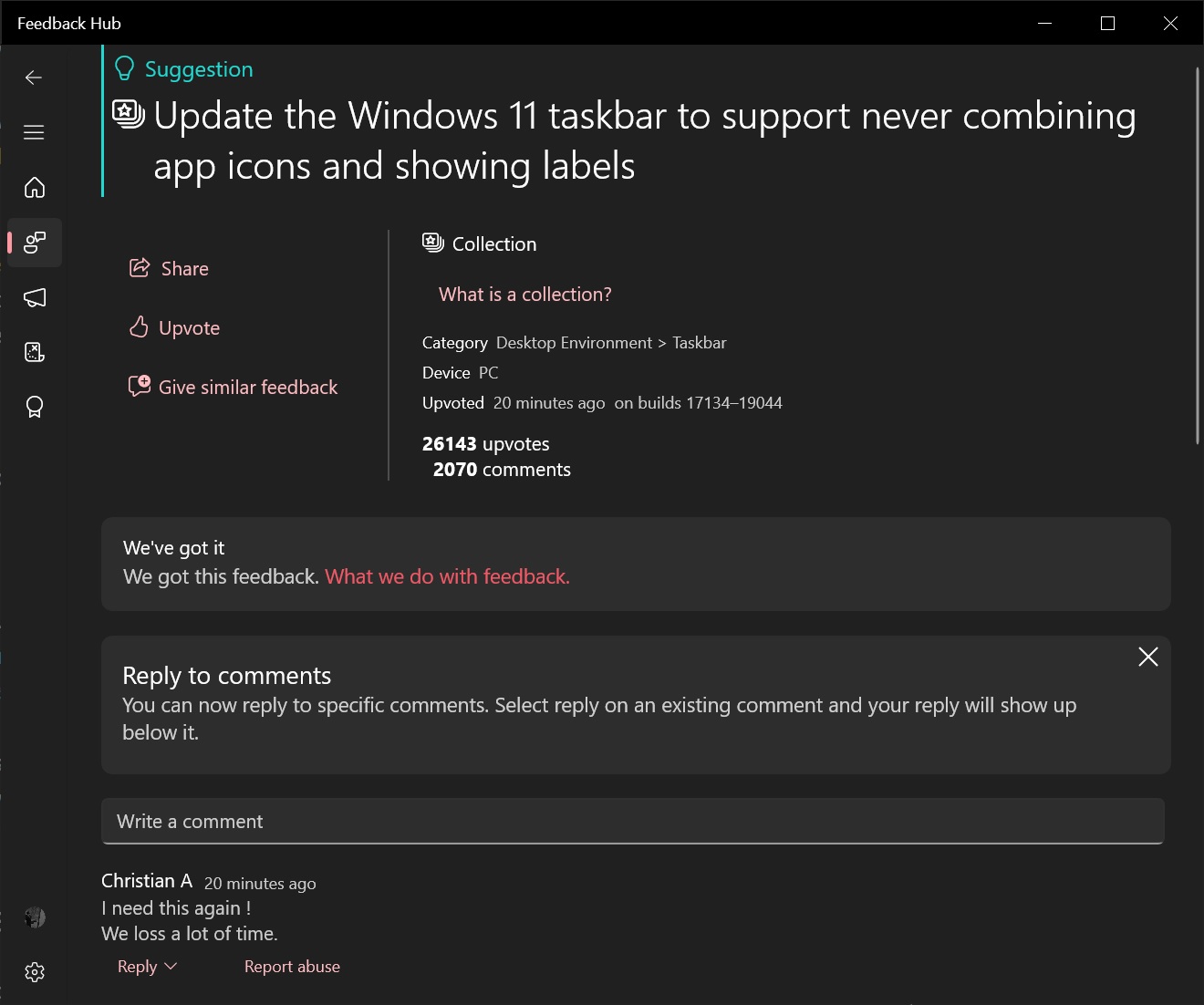 Windows 11 taskbar feedback