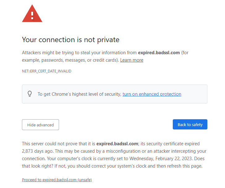 Advanced details on your connection is not private screen in Chrome