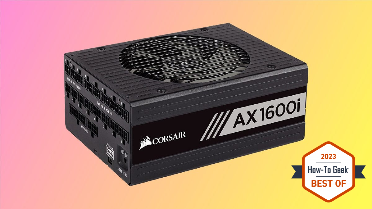 Corsair AX1600i on pink and yellow background