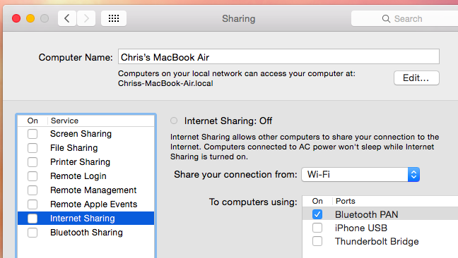 The Bluetooth PAN option on an older version of Mac OS X.