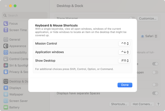 Mission Control keyboard shortcuts