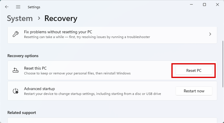 the recovery settings in Windows 11
