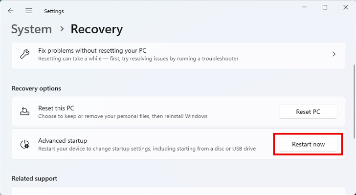 Restart now in recovery settings