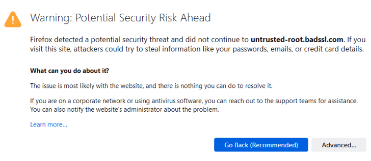 Warning potential security risk ahead error in Firefox