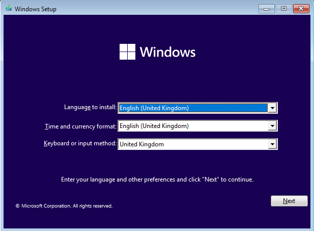 choosing language in windows setup