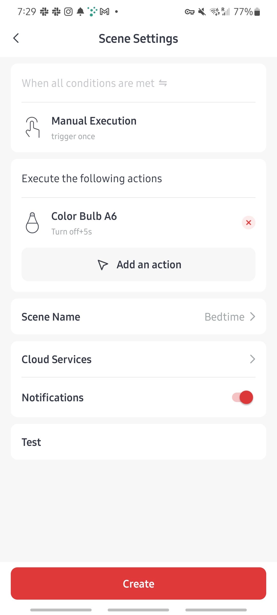 SwitchBot app Scene Settings page with Color Bulb action