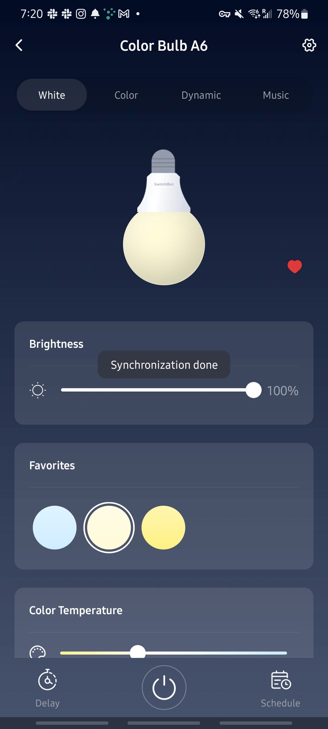 White color temperature and brightness settings for the SwitchBot Color Bulb