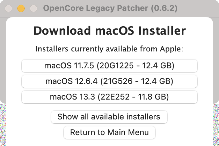 Select which version of macOS to download and install