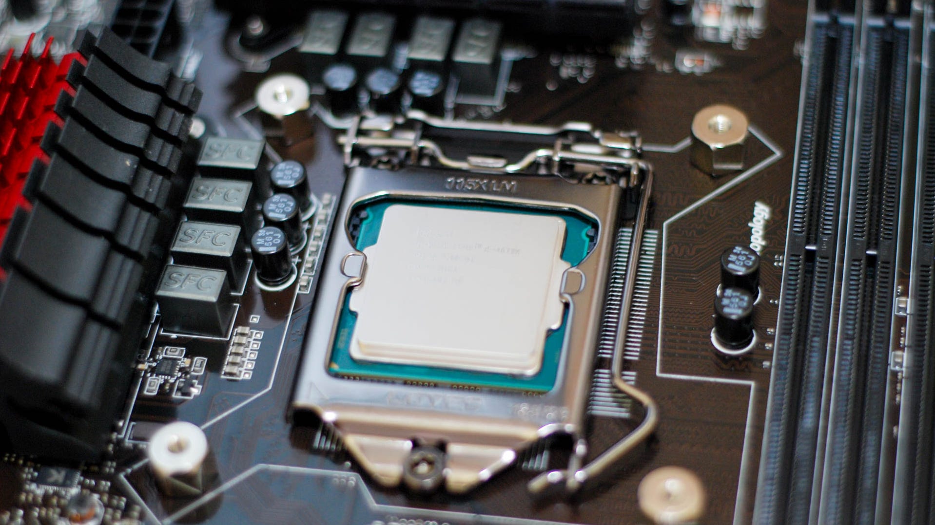 An Intel CPU sitting in its socket.