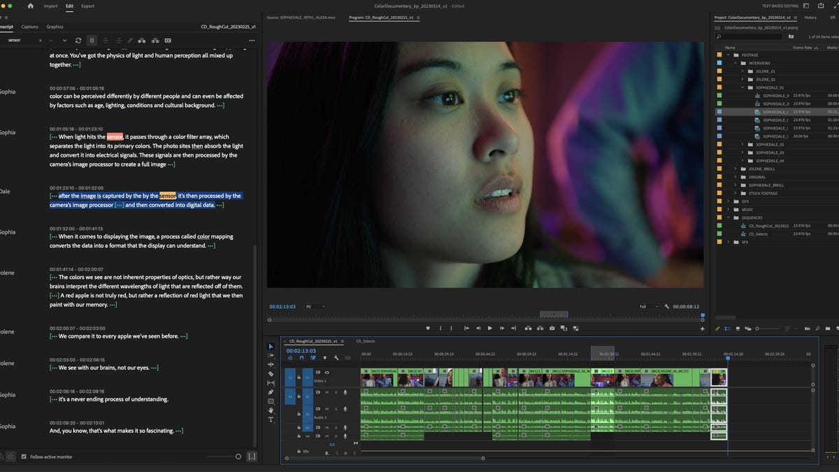 Premiere Pro's interface showing the text-based video editor with transcript.