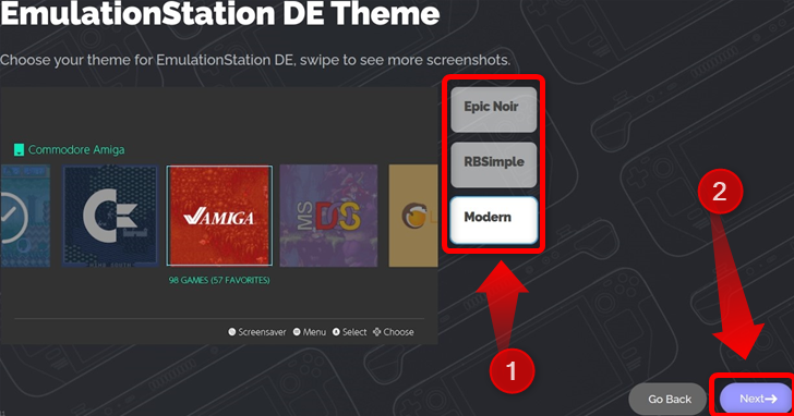 Pick the theme for EmulationStation DE, an app for launching all your emulated games in Steam Deck's Game Mode