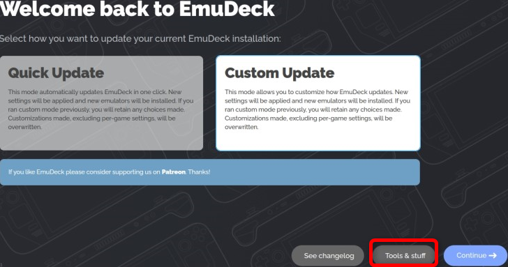 Access Steam Rom Manager by clicking on the Tools & Stuff button in EmuDeck
