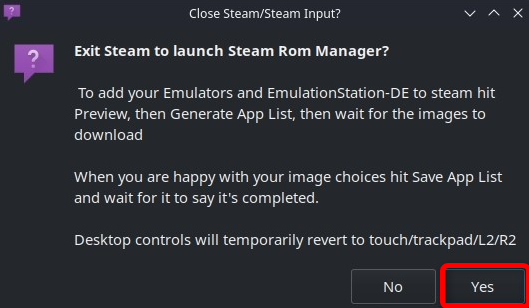 Allow Steam ROM Manger to close steam by clicking the Yes button 
