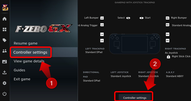 Access the in-game controller menu by pressing the Steam button and then pressing the controller settings tab. Once there, press the controller settings button