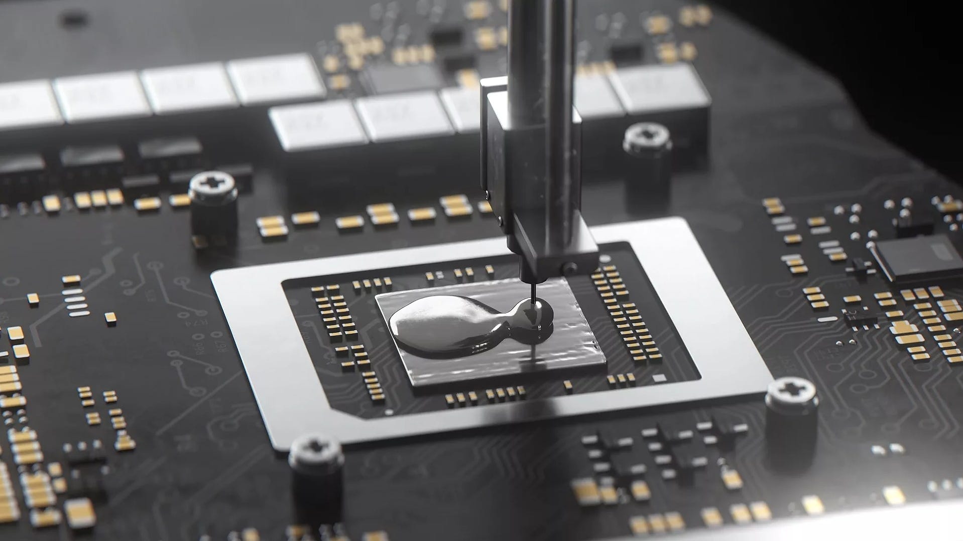 Liquid metal being applied on a chip.