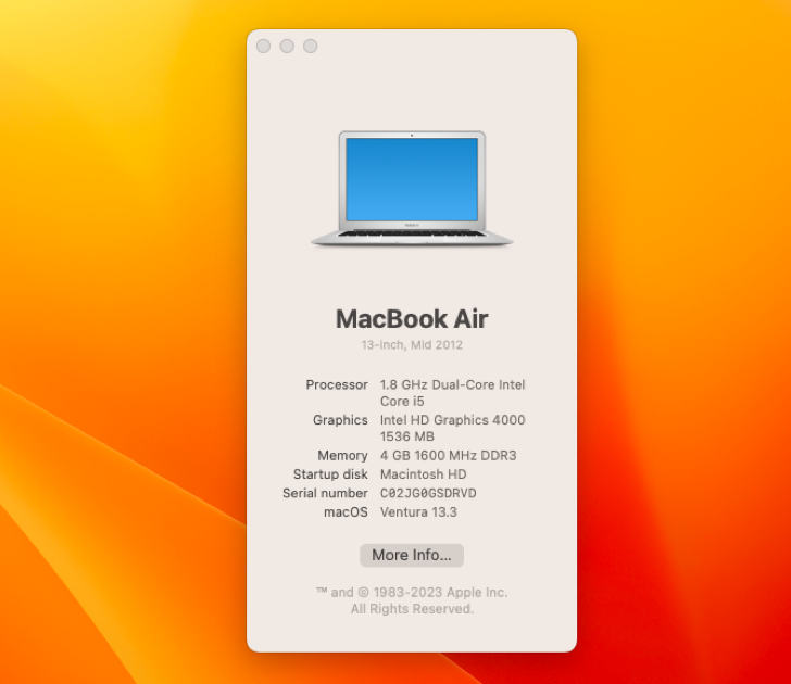 macOS 13 Ventura (from 2022) running on a mid-2012 MacBook Air