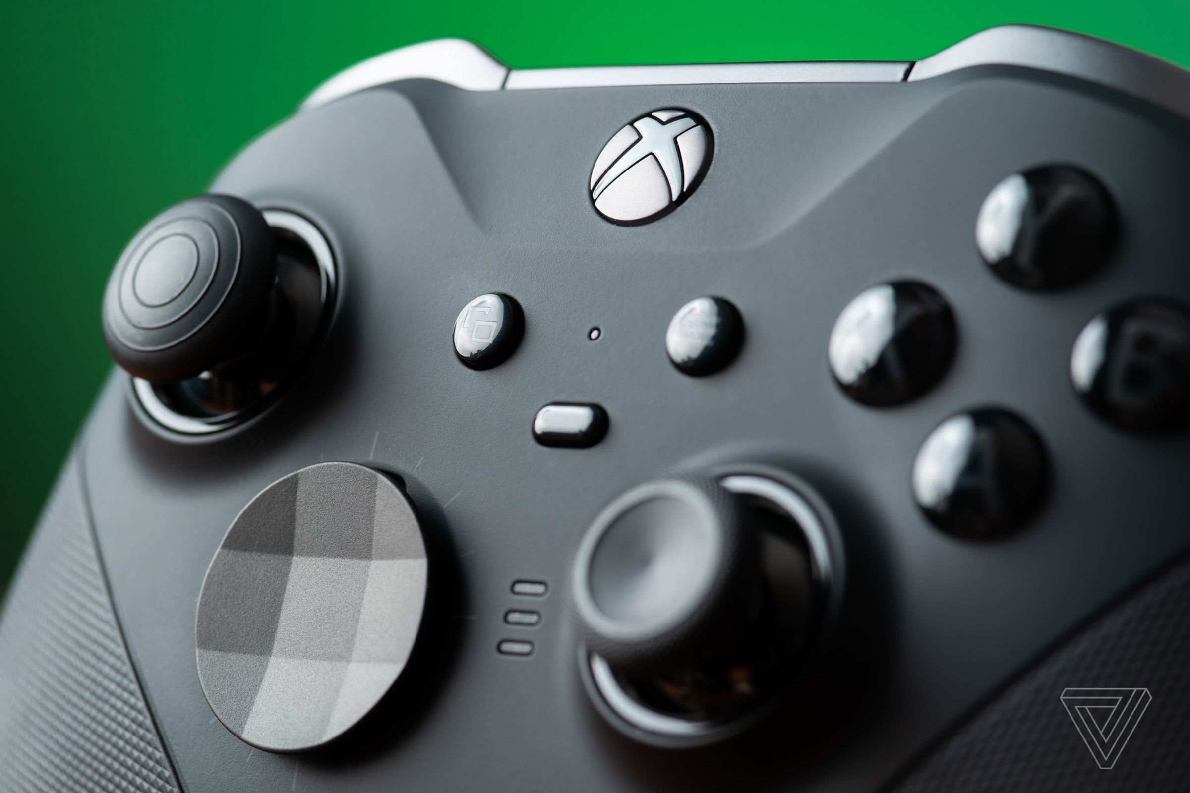 A closeup of the Xbox Elite Series 2 controller, showing its matte black finish.