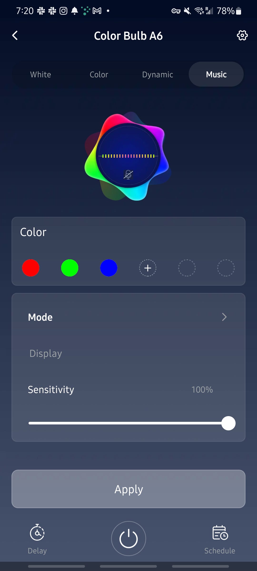 Options for setting the SwitchBot Color Bulb to music in the app
