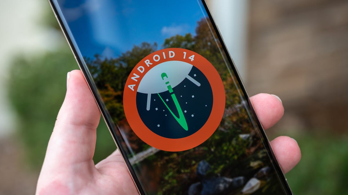 Close up of the Android 14 Developer Preview logo on a Google Pixel 7 Pro with a nature background