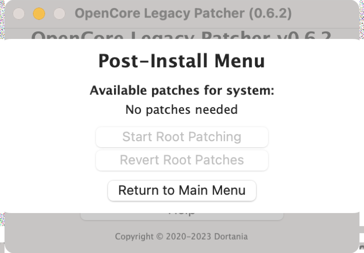 Install post install root patch with OpenCore Legacy Patcher