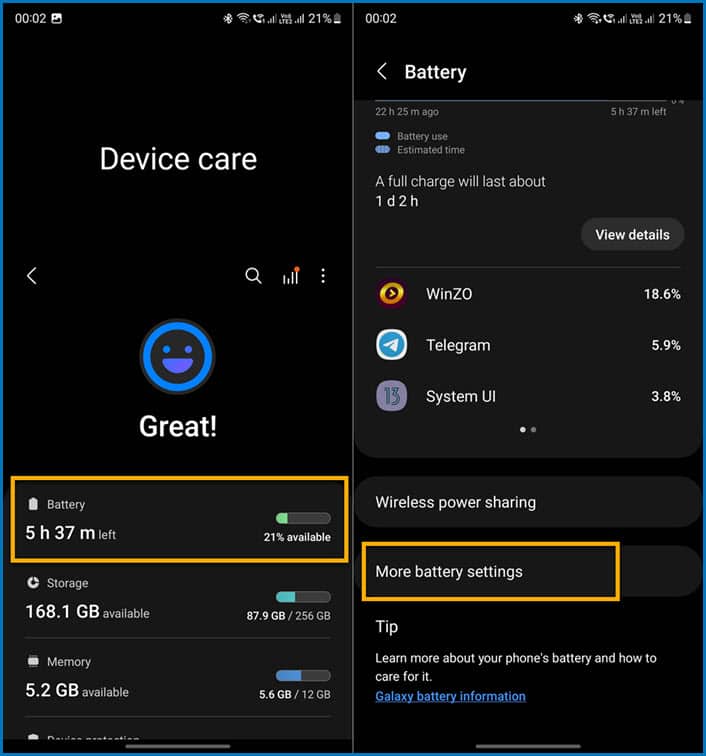 Battery and device care settings on Samsung Galaxy smartphones