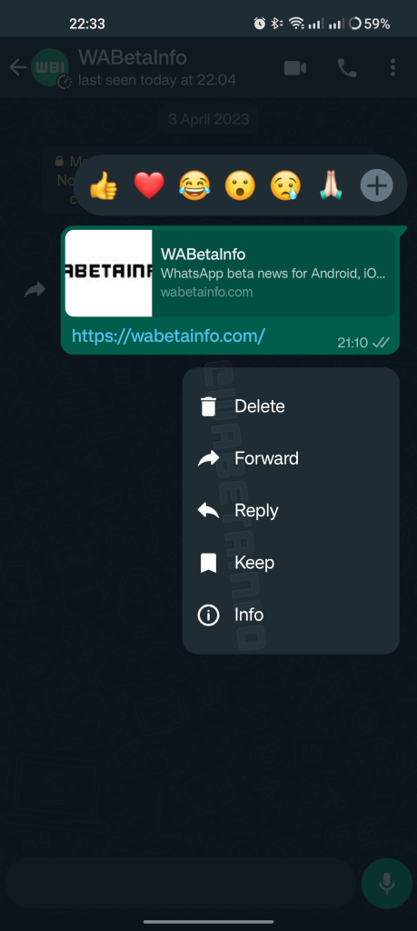 Whatsapp beta redesigned context menu