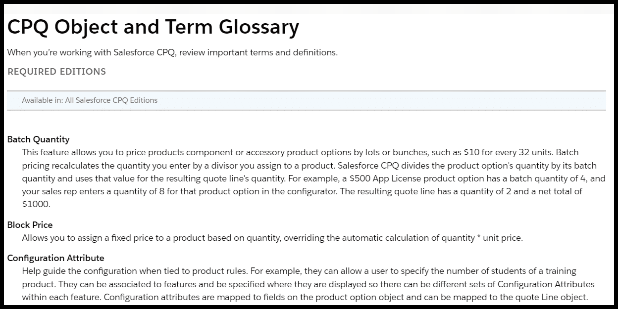 CPQ object and term glossary