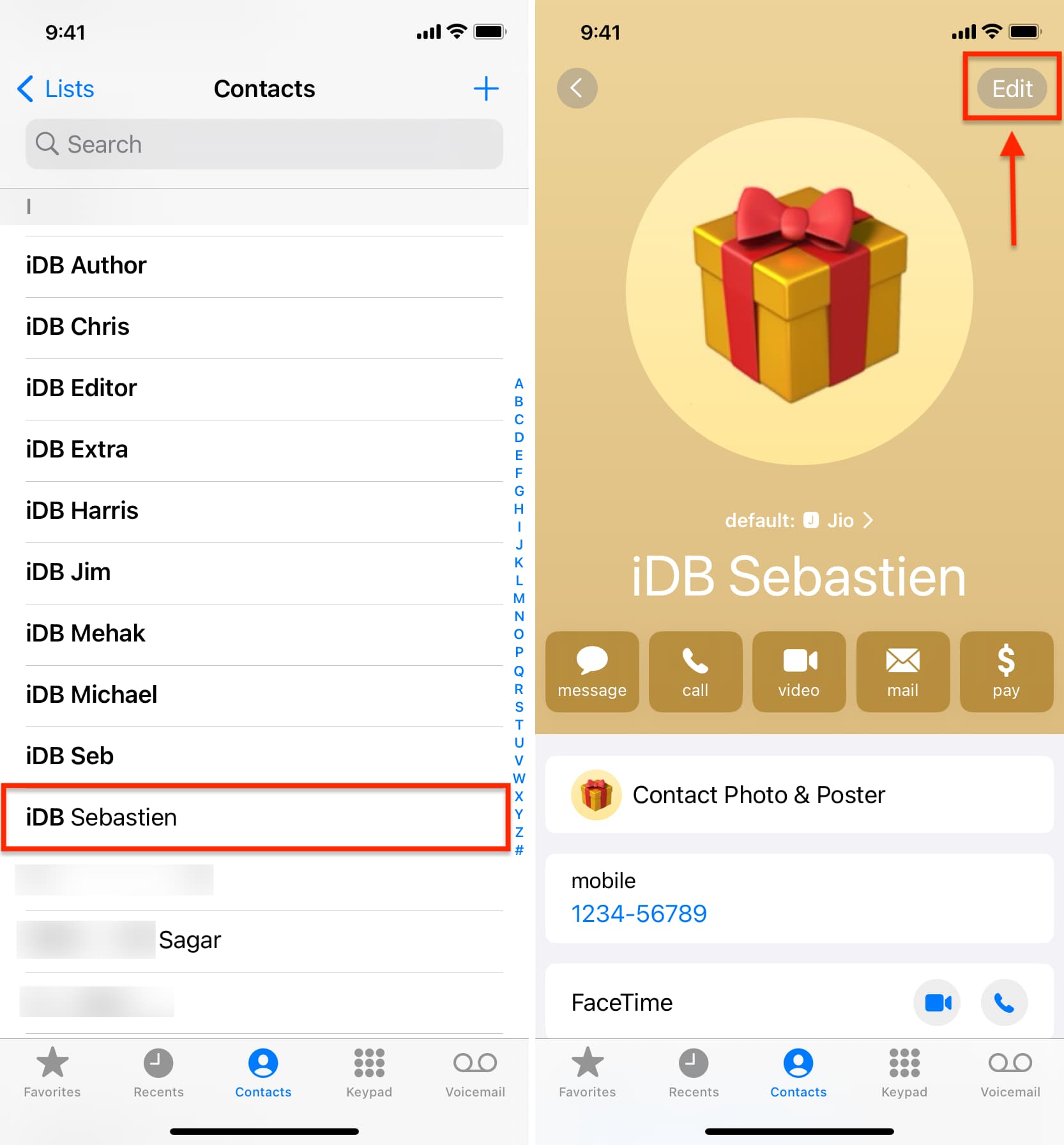 Edit saved contact from iPhone Contacts app