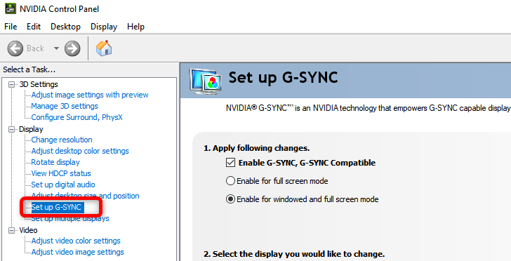 Toggle G-Sync by clicking the Set Up G-sync Menu