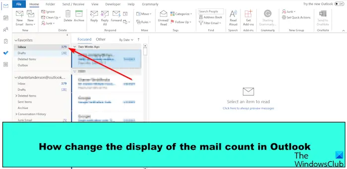 How to change the display of the Mail Count in Outlook