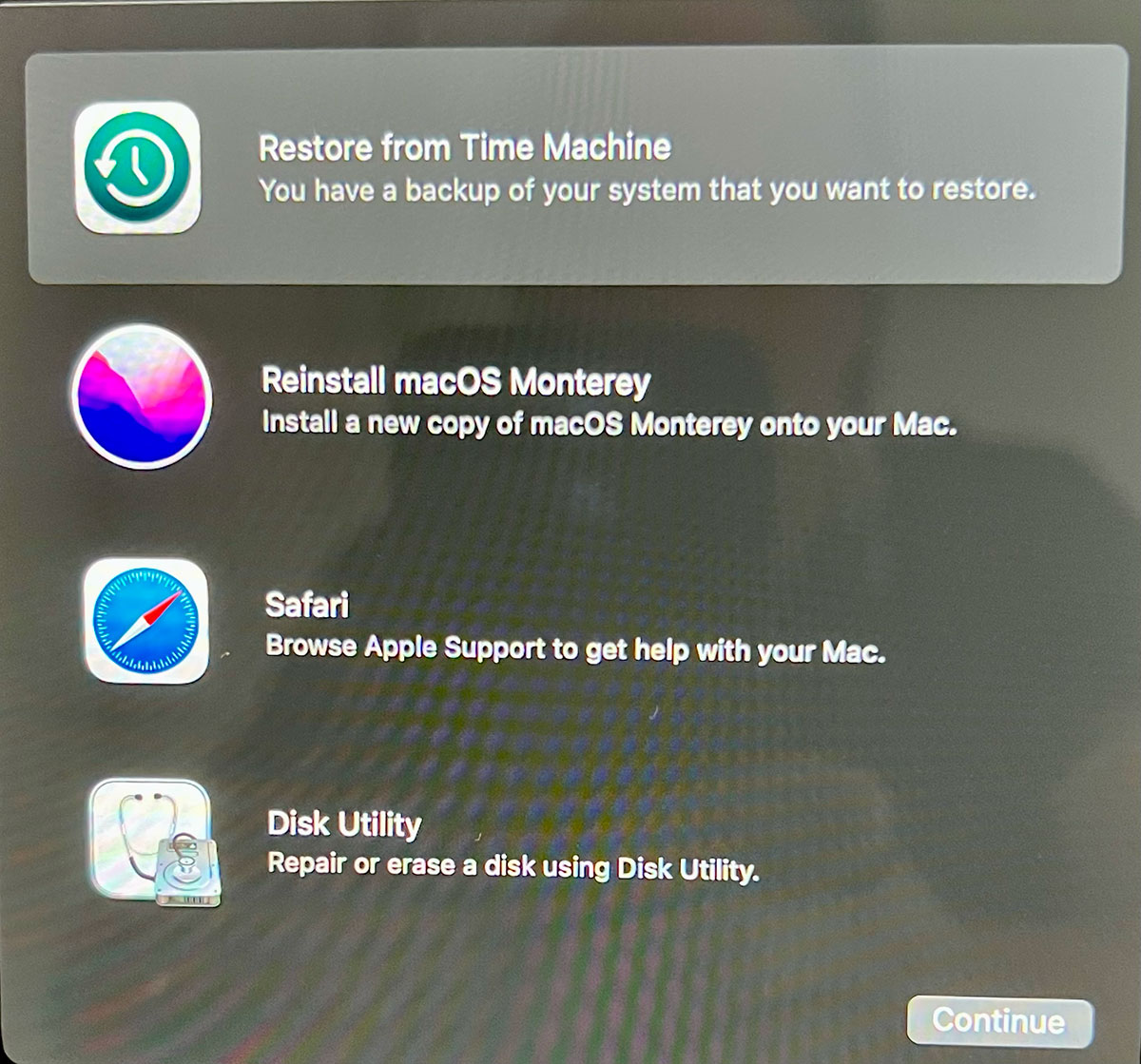 macOS Recovery Mode screen