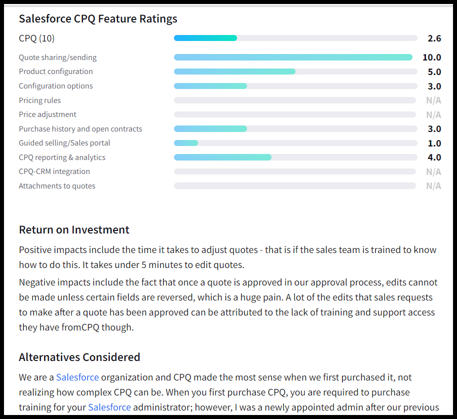 Salesforce CPQ feature ratings