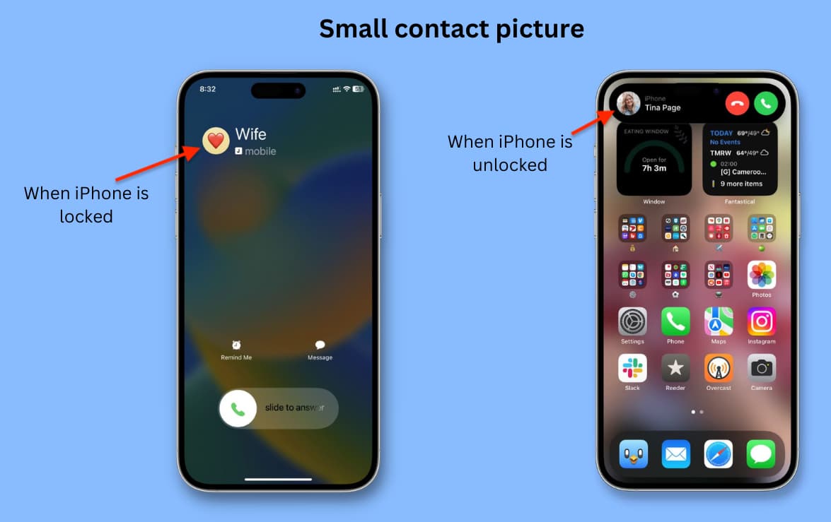 Small incoming call contact picture on iPhone when its locked and unlocked