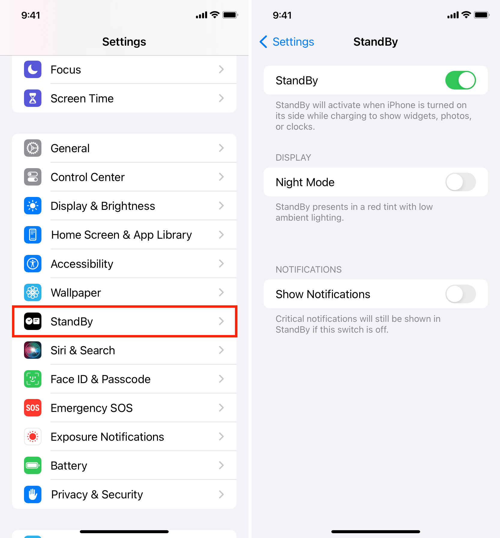 Turn off Show Notifications and Night Mode in iPhone StandBy settings
