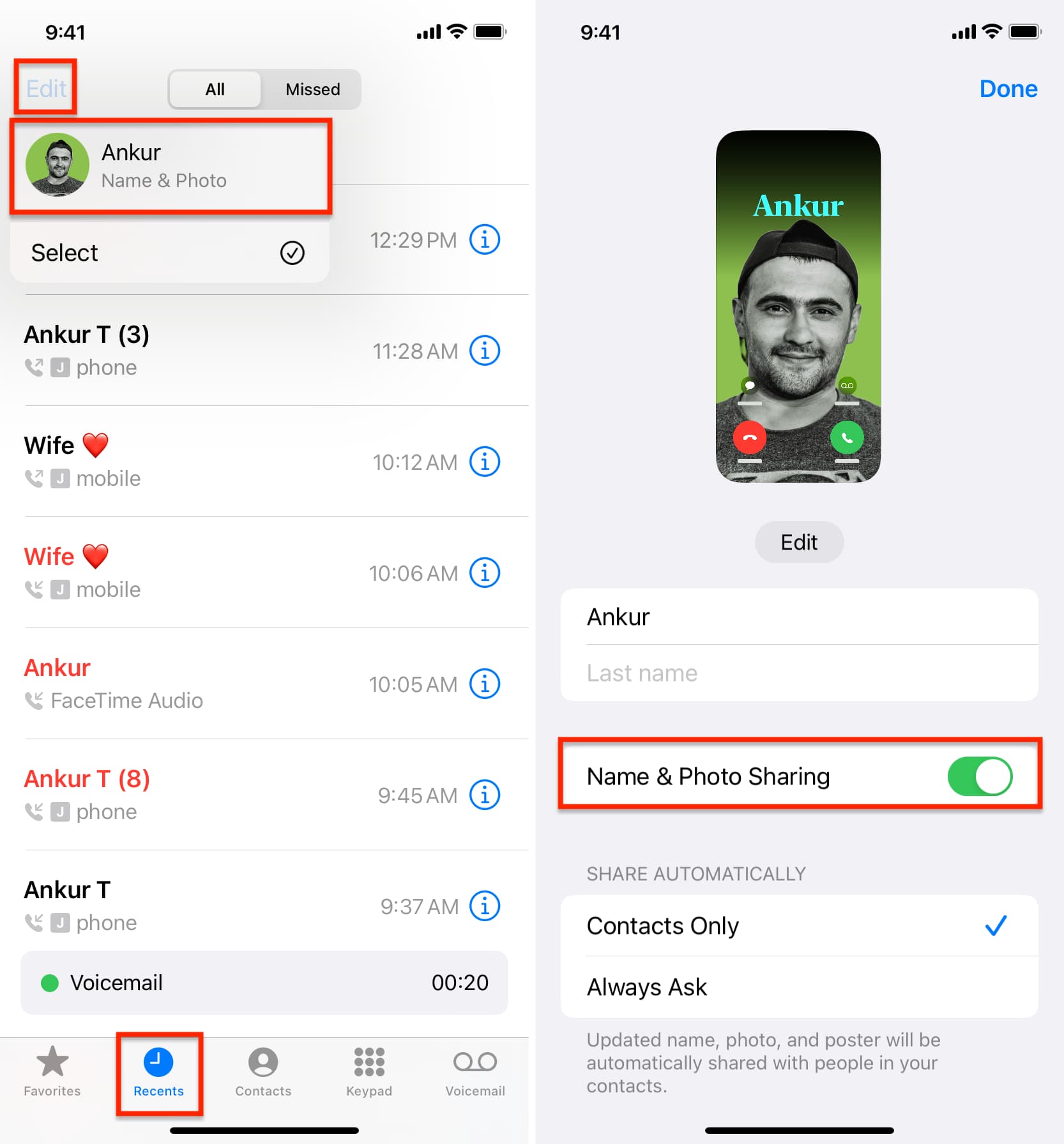 Turn on Name and Photo Sharing for Contact Poster on iPhone