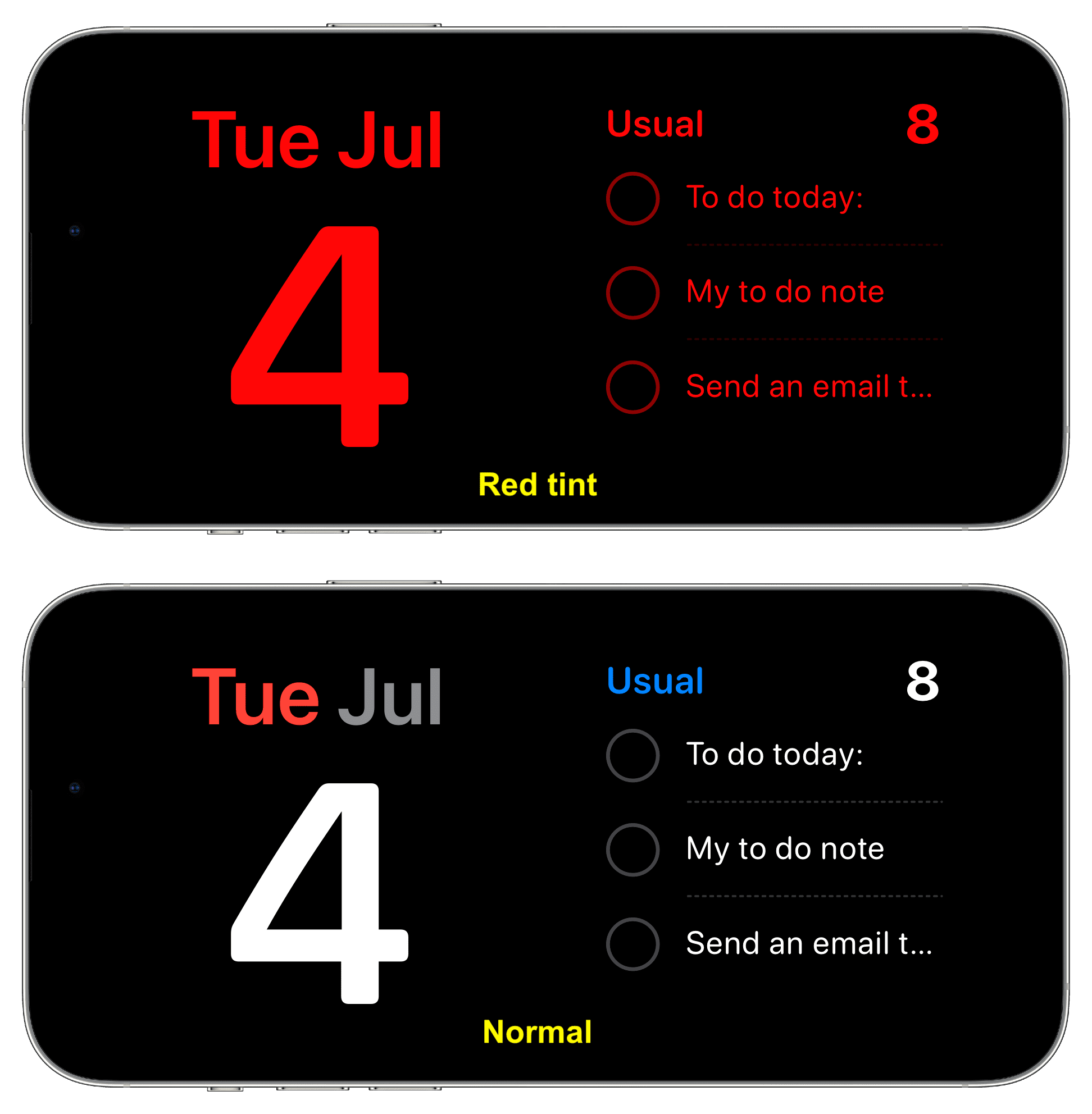 Two iPhone StandBy screens, one with red tint and the other with normal colors