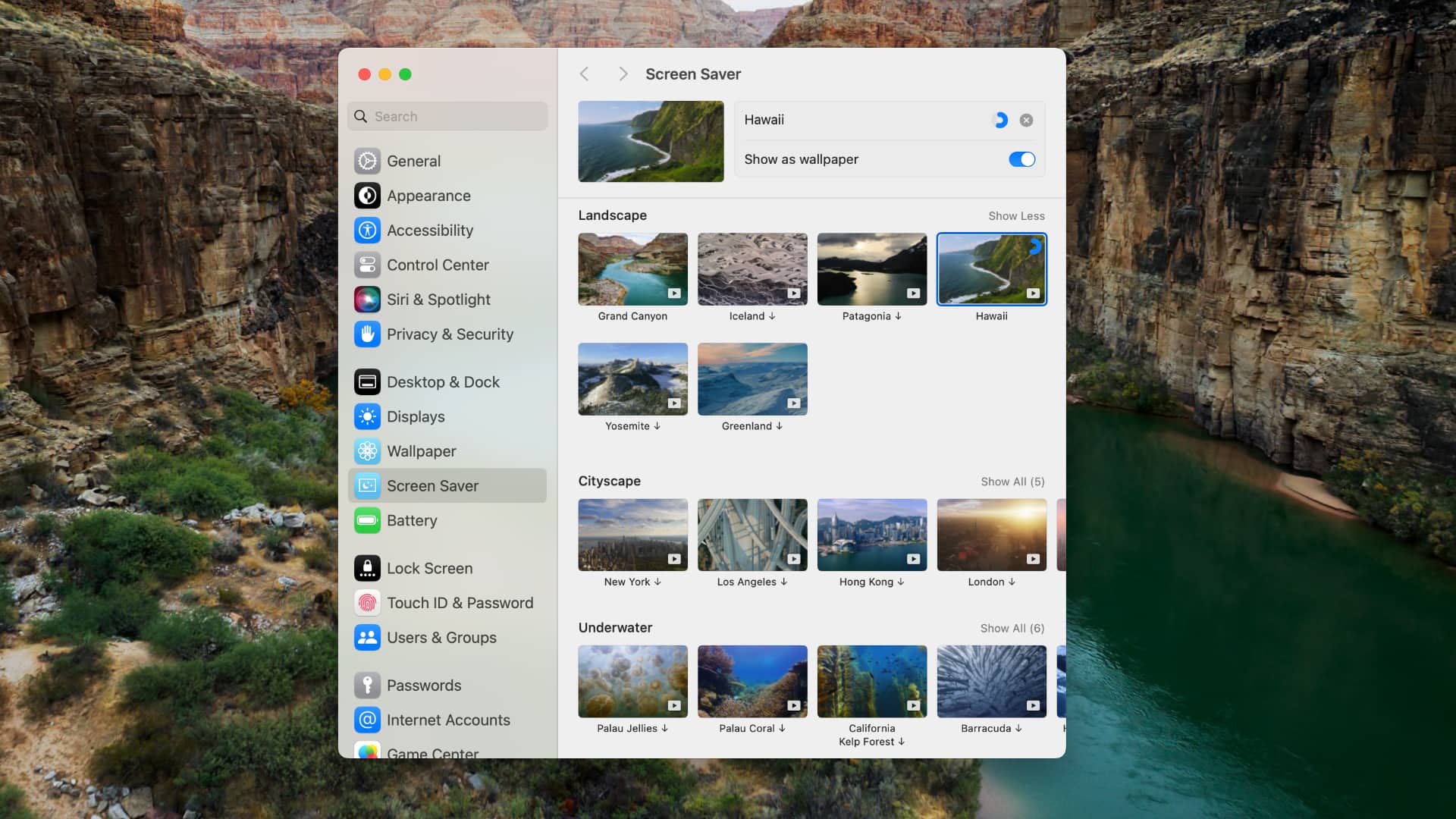 macOS Sonoma screen saver settings with the new aerial themes