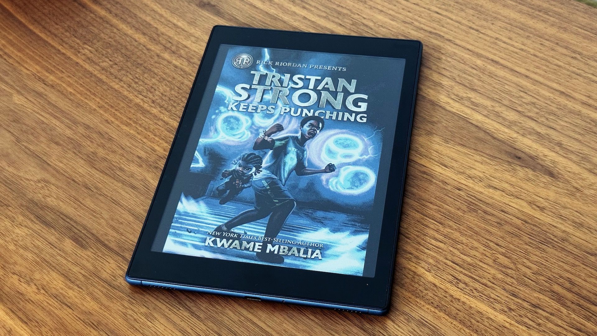 Showing Boox Tab Mini C with the book cover of Tristan Strong Keeps Punching