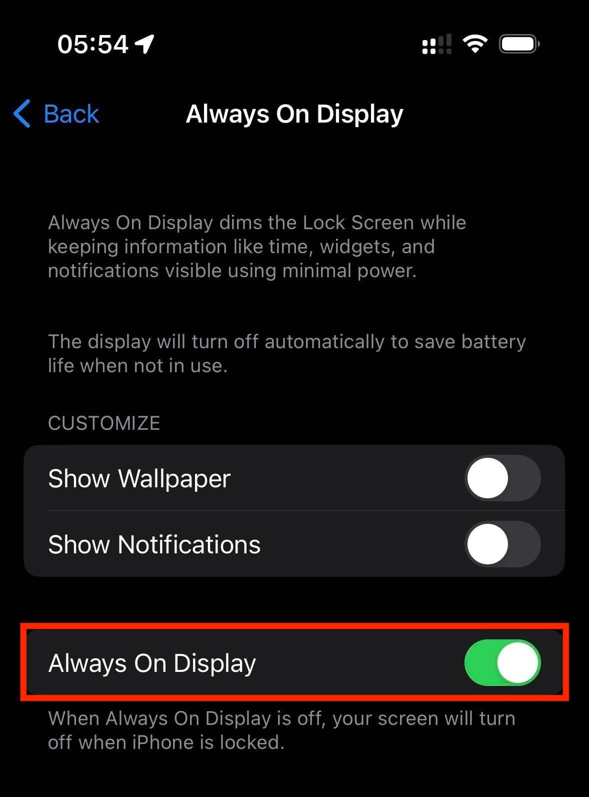 Always On Display enabled on iPhone
