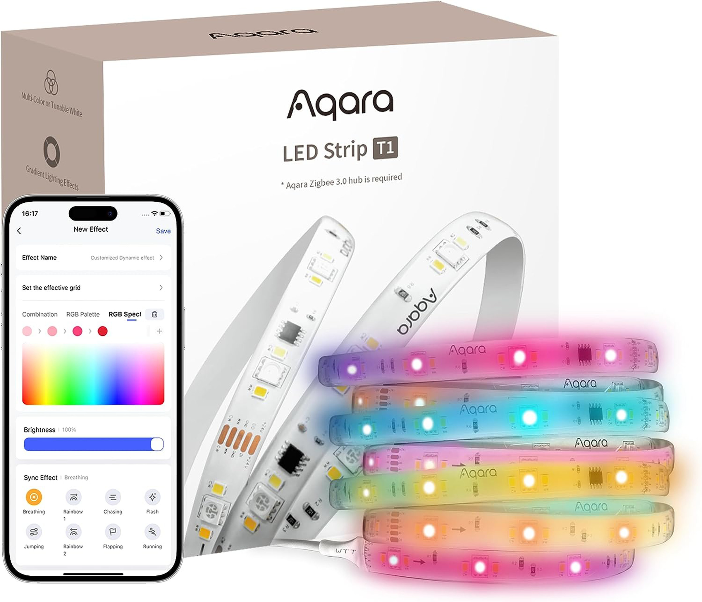 A picture of the Aqara LED Strip T1 box with the lightstrip coiled in front of it and the app loaded on a phone.